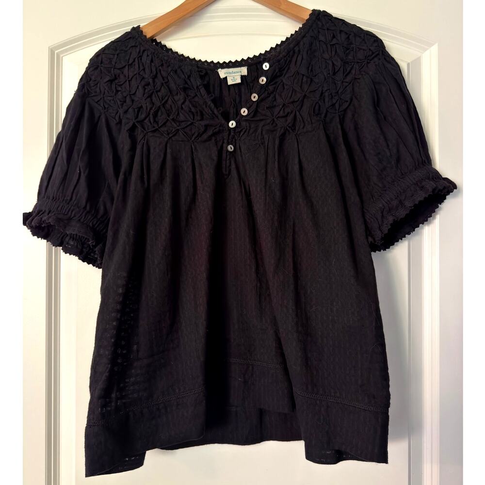 Sundance Black Peasant Blouse Boho Ruffle Puff Sleeve Top Small